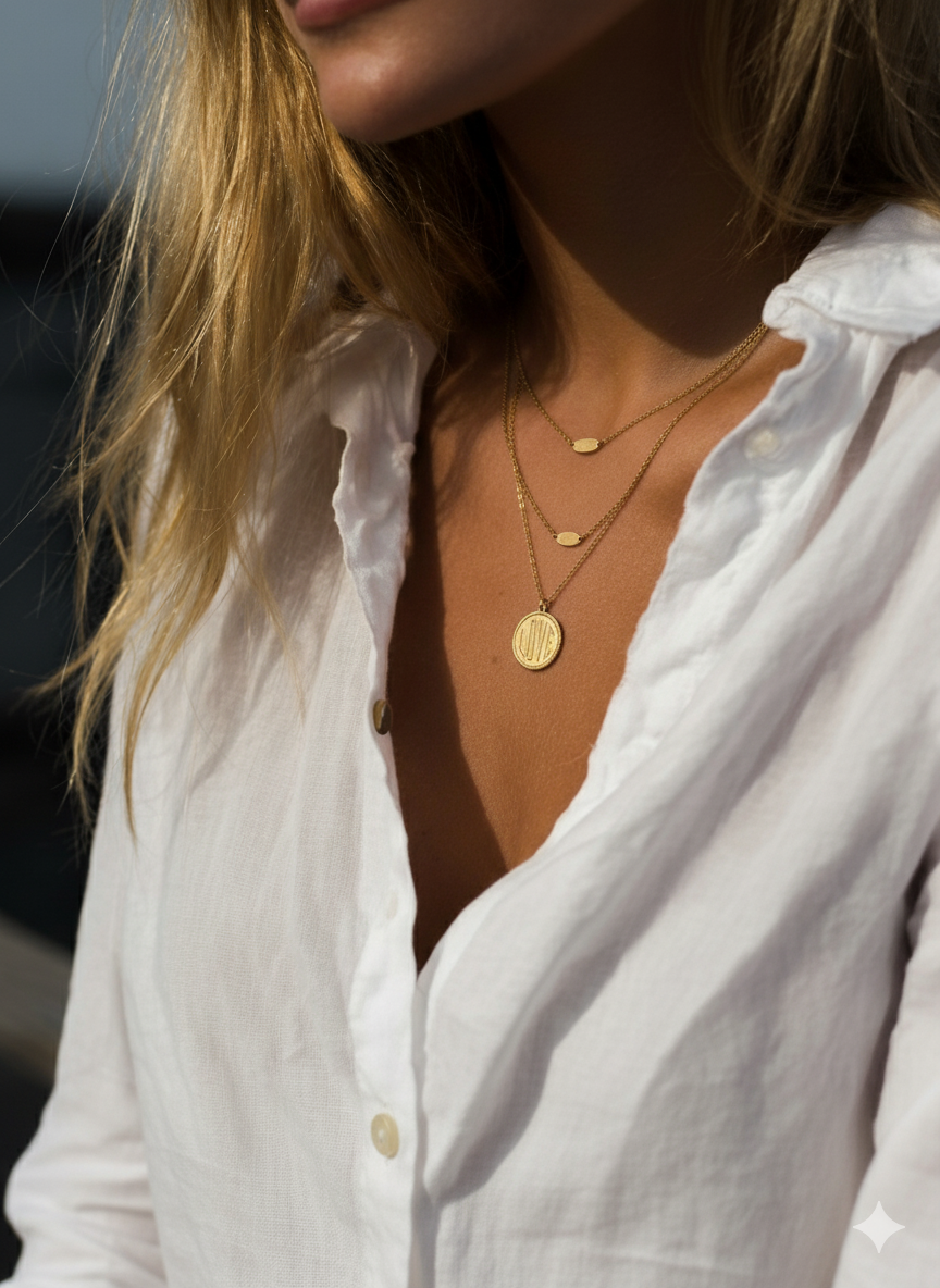 woman with a white button down shirt wearing a gold necklace with a brass love charm