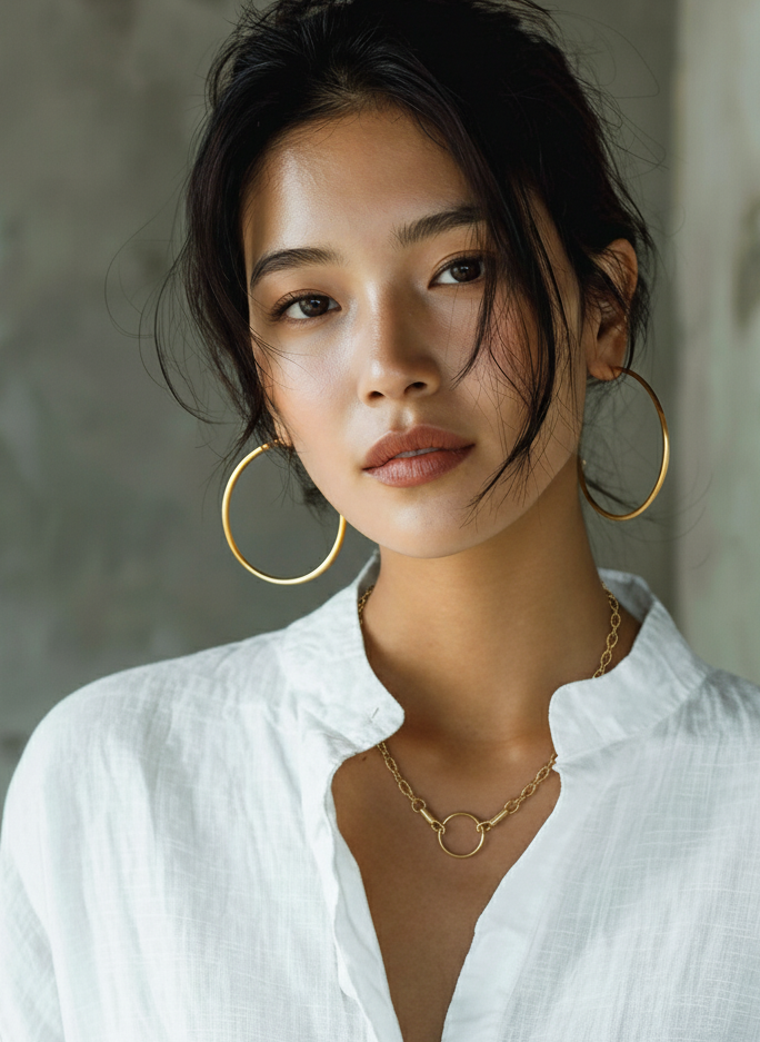 Woman wearing a white shirt with gold hoop earrings and a gold charm necklace against a gray background