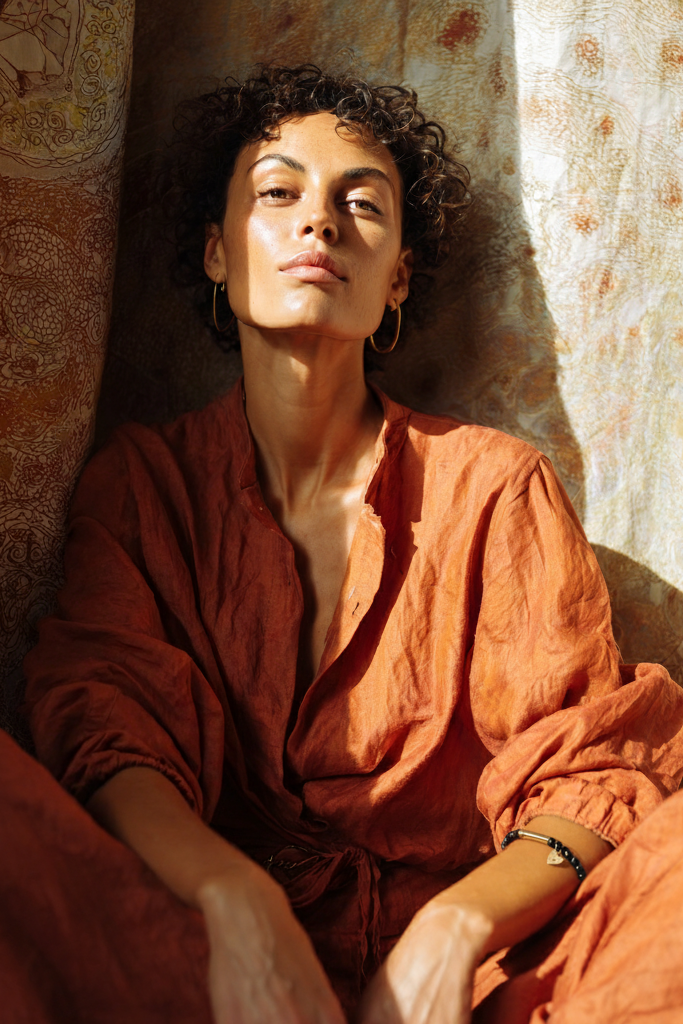 A woman in orange sitting in the sunlight wearing a black onyx beaded prayer bracelet with a personalized heart charm