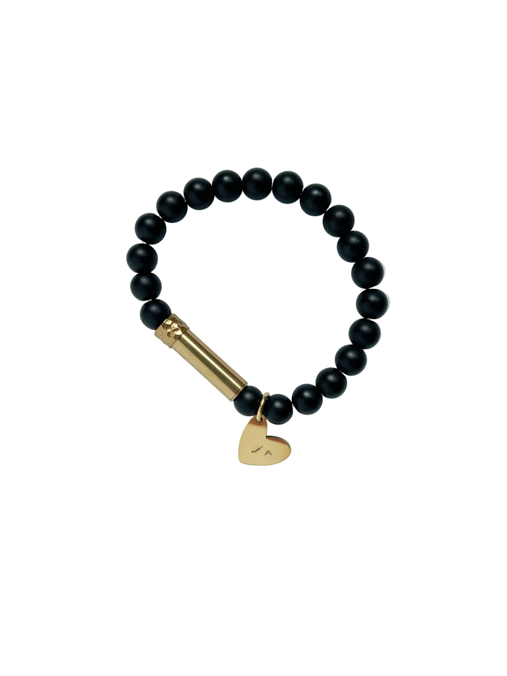 Black beaded bracelet with gold heart charm on a white background