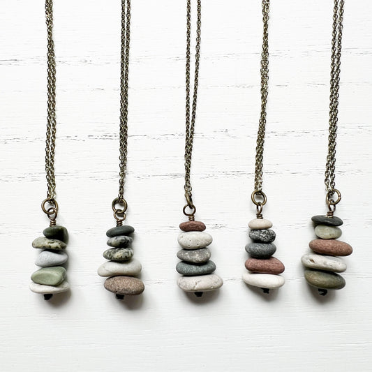 Stacked Lake Stones Cairn Necklace (18" Chain)