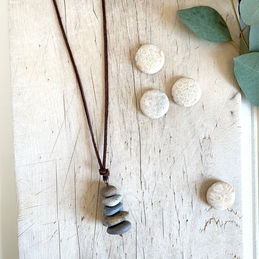 Stacked Lake Stones Cairn Necklace on Leather Cord