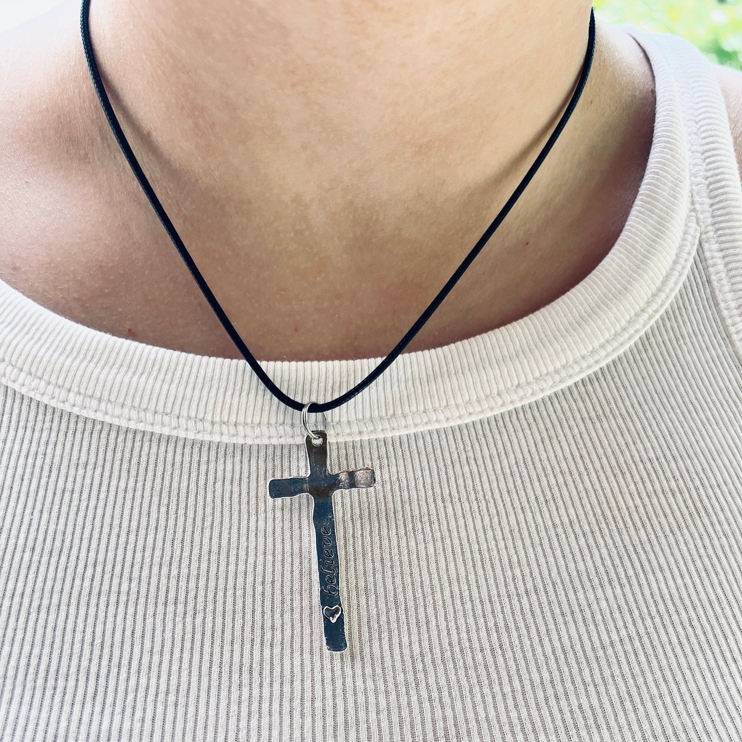 Faith/Believe Silver Charm Cross Necklace 18" black cord