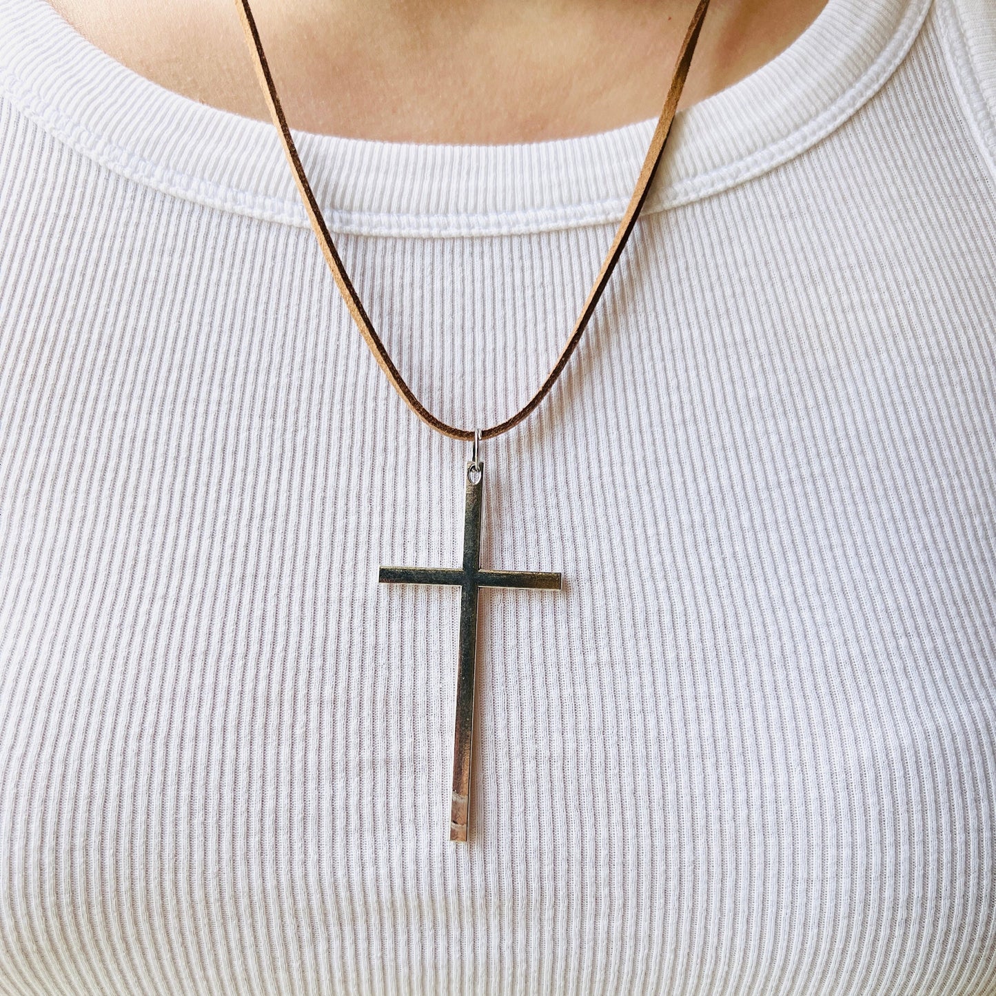 Minimalist Silver Cross Necklace on leather cord