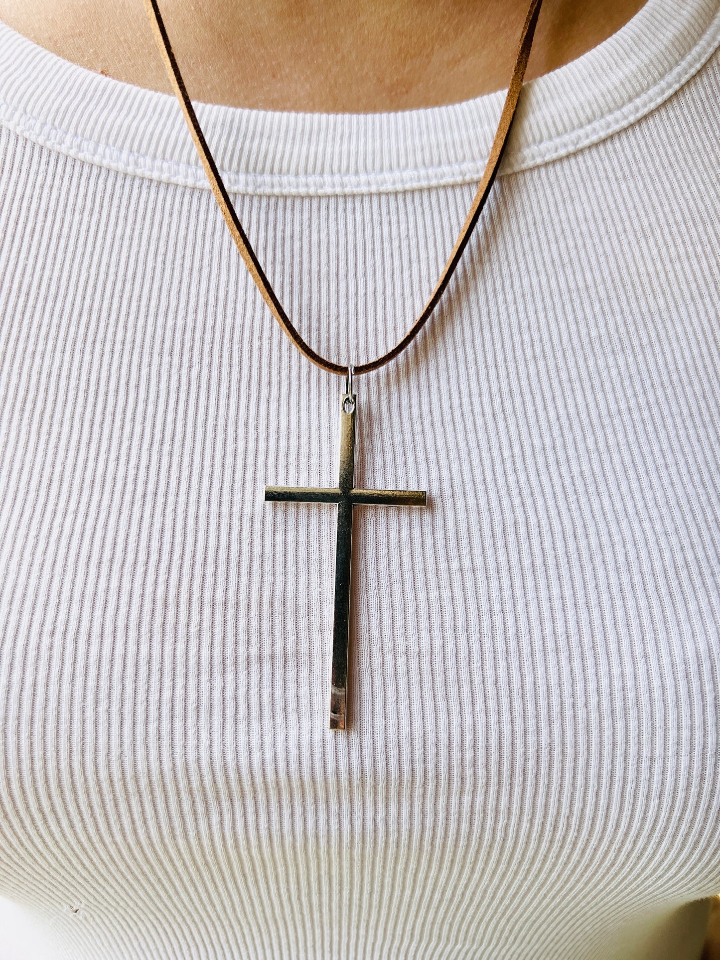 Minimalist Silver Cross Necklace on leather cord