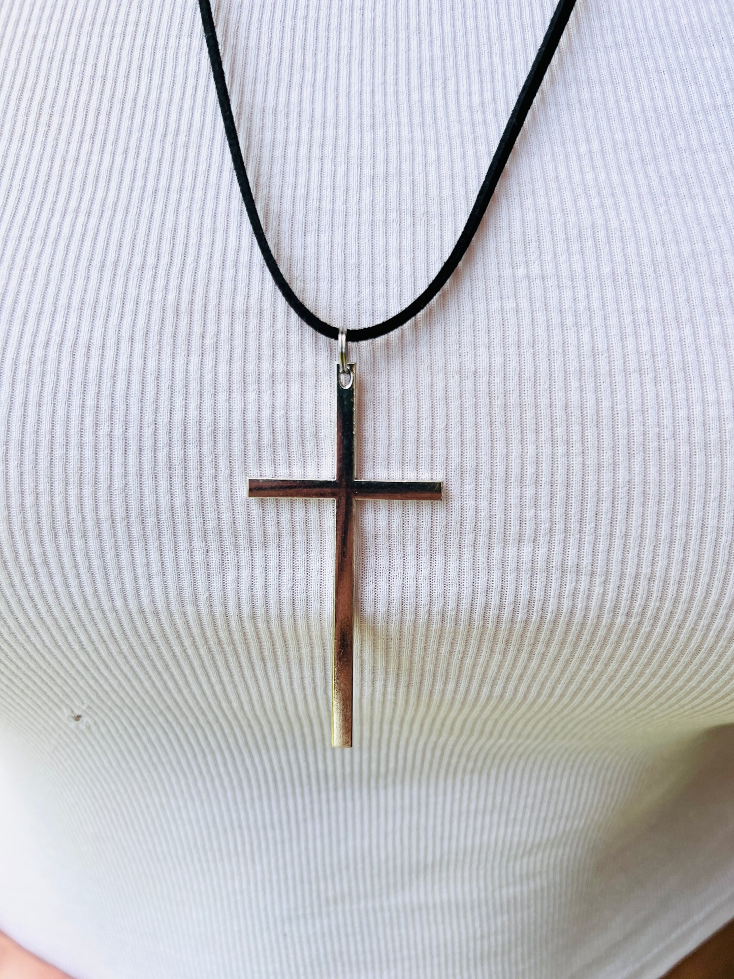 Minimalist Silver Cross Necklace on leather cord