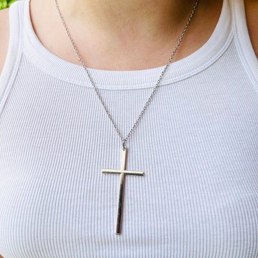 Minimalist Silver Cross Necklace 24" silver chain