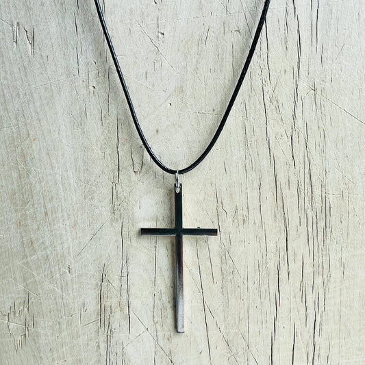 Minimalist Silver Cross Necklace on 18" black cord