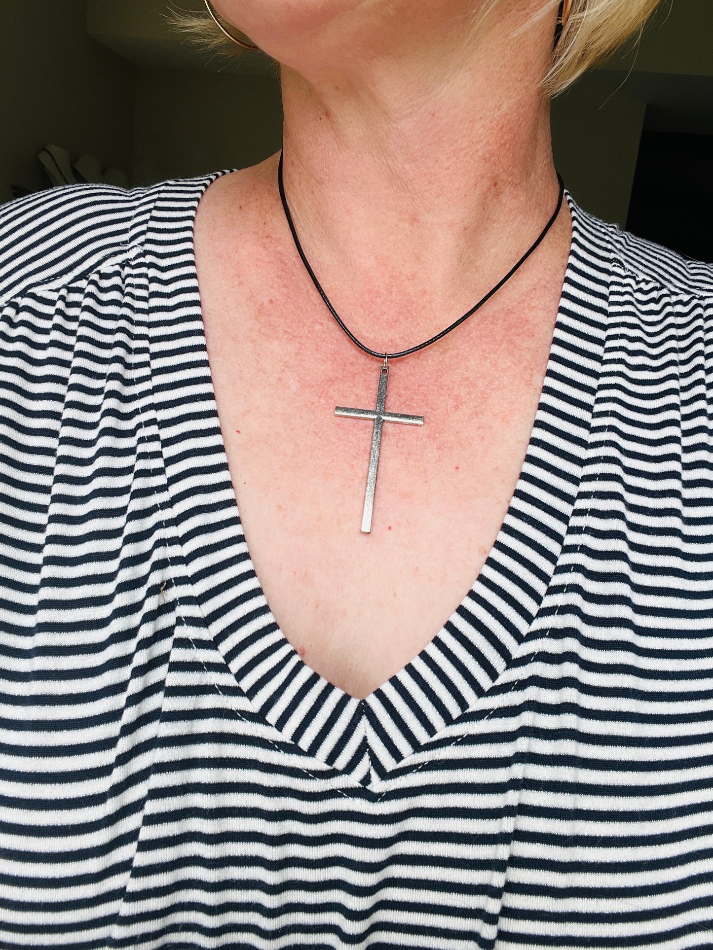 Minimalist Silver Cross Necklace on 18" black cord