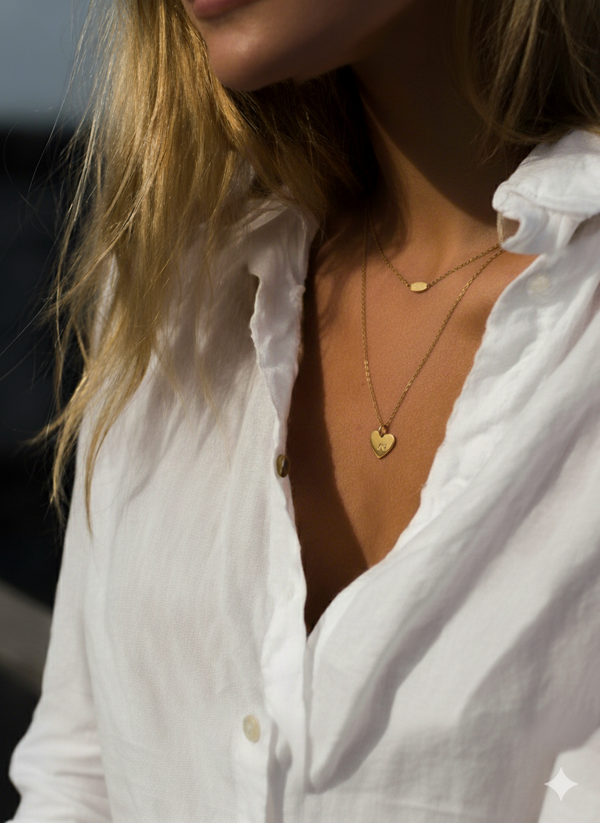 Close-up of a person wearing a white shirt with gold stamped heart initial necklace