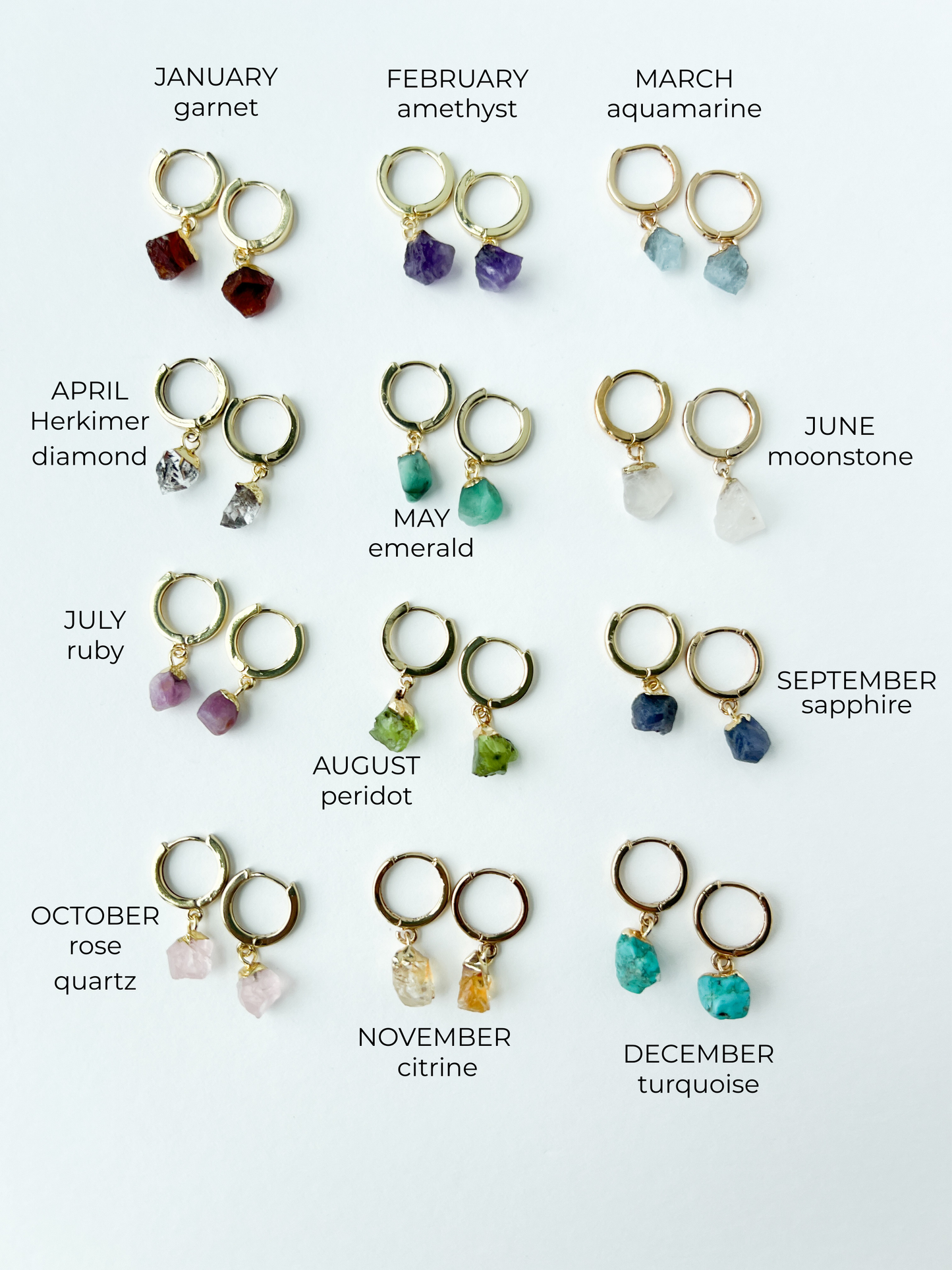 Birthstone earrings on gold hoops with birthstone name written next to each image.
