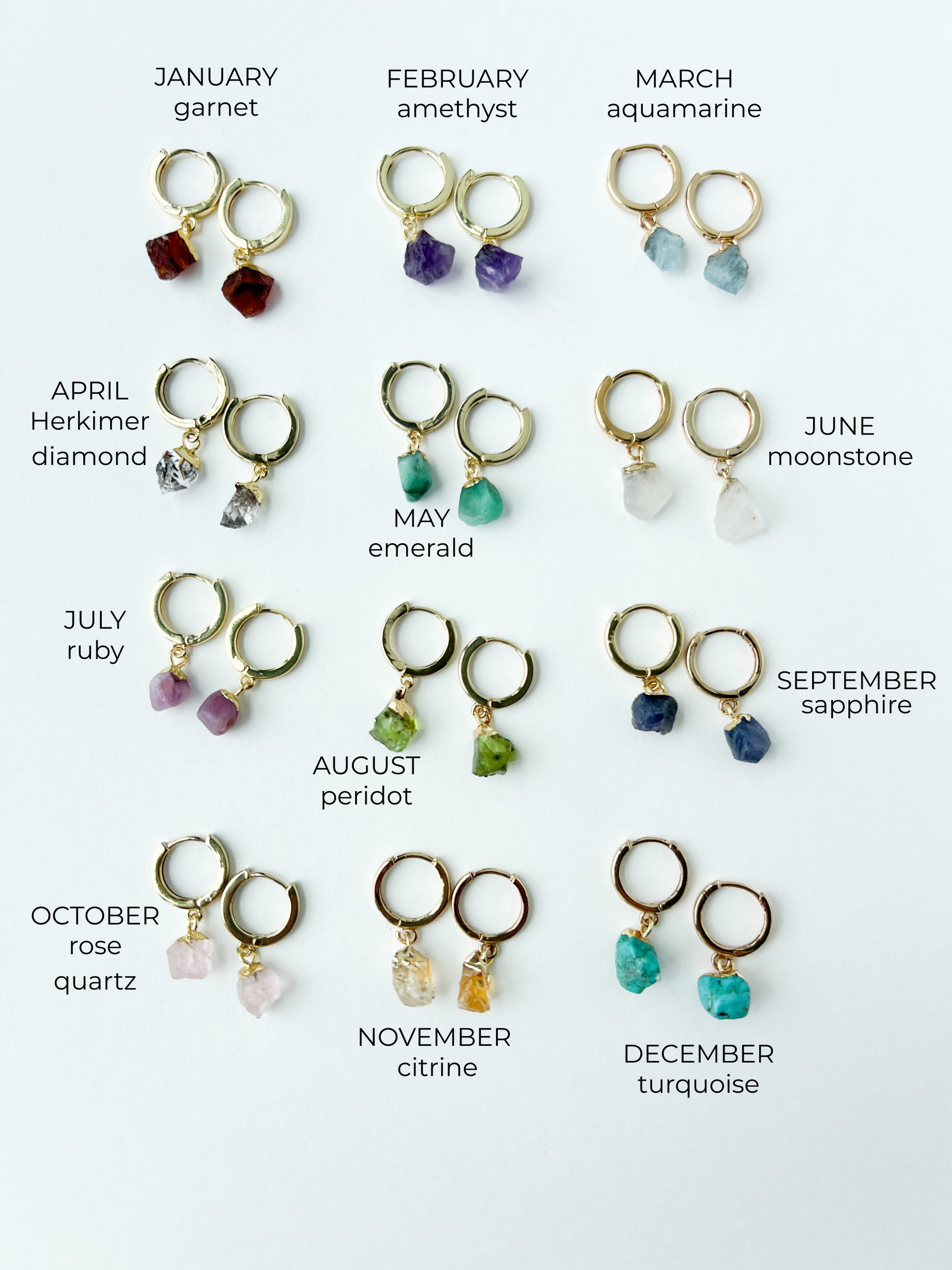 Birthstone earrings on gold hoops with birthstone name written next to each image.